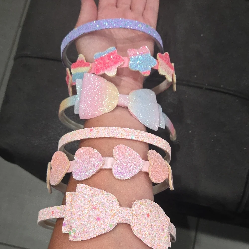 6 Glitter Headbands Bows, Hearts, Stars